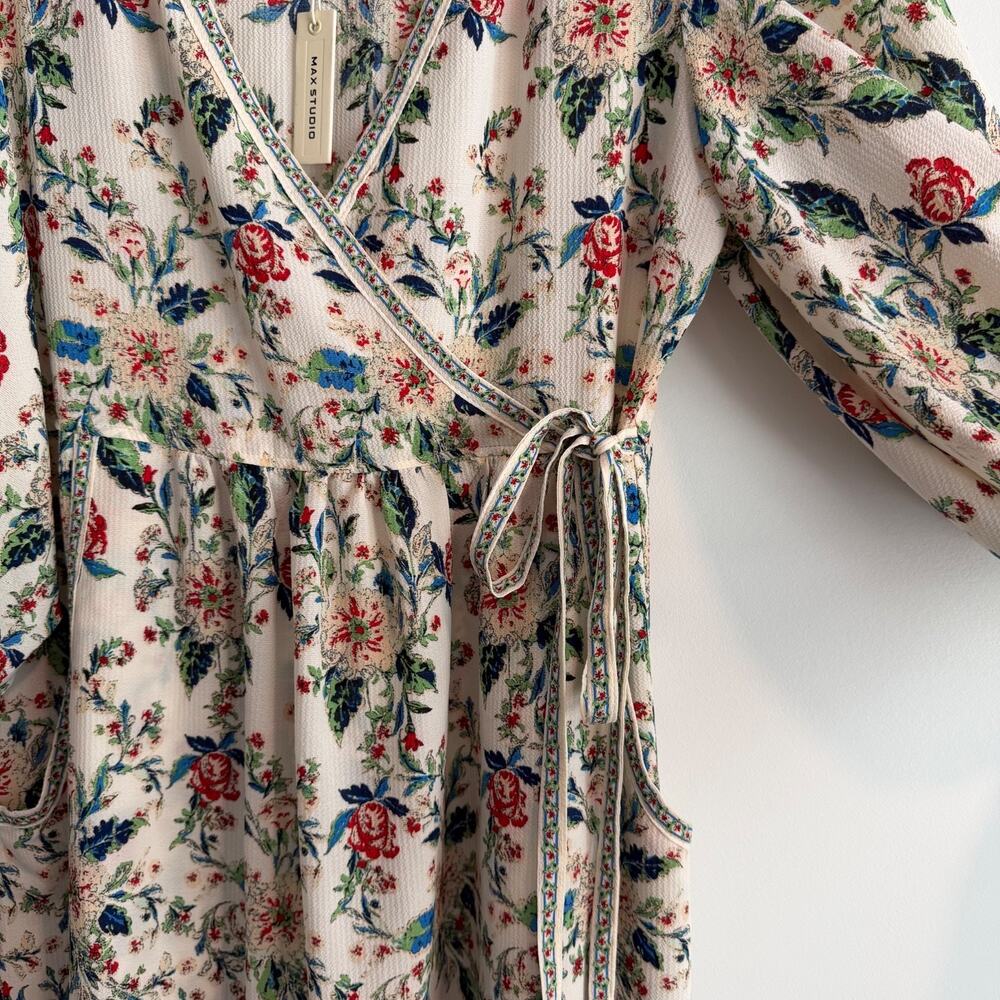 Max Studio Floral Maxi Dress Faux Wrap Women's Medium Balloon Sleeve Boho V-Neck - Picture 3 of 10